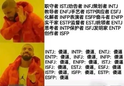 整张图采用经典的Drake正反态度对比梗图形式，左半部分分上下两块，上半块是歌手德雷克摆手做出抗拒嫌弃的表情，对应右侧文字为16型MBTI人格的各类褒义代称，涵盖全部16种人格的正面称呼；下半块是德雷克一脸认可做出赞同的手势，对应右侧文字为所有16种MBTI人格的评价统一为“傻逼”，通过强烈的反差感制造笑点，吐槽无论哪类MBTI人格都有让人觉得不靠谱的地方，是针对MBTI话题的搞笑玩梗内容。