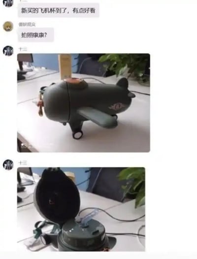 这是一张社交平台聊天记录截图，内容呈现了利用谐音梗制造笑点的搞笑场景：用户“十三”称自己新买的飞机杯到货、外观好看，另一位用户请求晒图查看，随后“十三”发出两张实拍图，分别是飞机造型水杯的完整外观和开盖后的内部水杯结构。“飞机杯”通常指代成人用品，图中实际是外形为飞机样式的喝水杯子，通过词义的反差感形成搞笑效果。