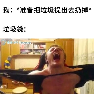 这是一张采用顶配底文形式的搞笑静态梗图，整体为图文混排的单图结构。图中上方用文字构建了日常场景：“我”准备把垃圾提出去扔掉；下方则用一张真人图片来拟人化垃圾袋的状态——画面中的男性张大嘴巴，面部表情痛苦且充满抗拒，身体被向上拉扯的衣服带起，呈现出强烈的挣扎姿态，仿佛垃圾袋在被提起时“不愿意被扔掉”。作品用拟人的夸张手法，将日常扔垃圾的小事赋予了趣味化的表现，精准还原了人们在扔垃圾时，仿佛垃圾袋在“抗拒”的有趣联想，贴近生活，容易引发观者的共鸣，制造出轻松搞笑的氛围。