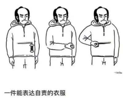 三张连环线稿图，均为同一光头男子穿着连帽卫衣，表情严肃。第一张图中男子腹部位置有一线轴垂下；第二张图男子单手握着线轴；第三张图男子手持线轴并将线拉出。图片底部配有文字“一件能表达自责的衣服”，通过男子手持线轴的不同动作与严肃表情，以视觉隐喻的方式表现“自责”情绪，整体风格为简约卡通线稿，无明显双关或谐音梗。