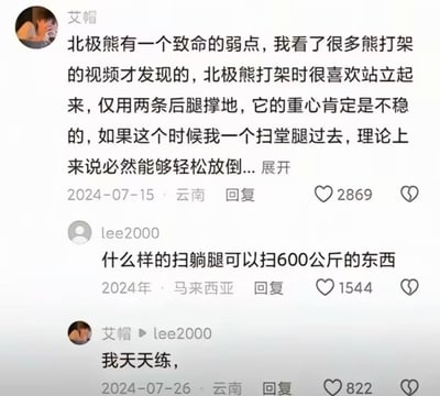 一则搞笑评论区对话，博主自信地分析北极熊打架可以被扫堂腿放倒，引发网友质疑“谁能扫倒600公斤的北极熊”，随后博主自信回复“我天天练”。展现了网友自信与调侃的对话氛围。涉及“理论上可以赢北极熊”、武术自信、网友幽默反问等网络梗。

疑似影射人类对于极端情况过度自信和喜欢脑补的心理。带有轻微谐音梗和反转幽默。
