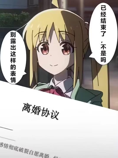 这是一张二次创作的二次元梗图，使用动画《孤独摇滚！》中伊地知虹夏的截图，拼接了离婚协议的画面，并为虹夏添加了“已经结束了，不是吗”“别露出这样的表情”的对白。虹夏面带微笑的轻松表情，与离婚协议的严肃内容形成强烈反差，制造出戏谑的玩梗效果，没有双关或谐音梗。