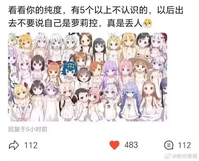 这是一张在社交媒体流传的二次元梗图，上方配文「看看你的纯度，有5个以上不认识的，以后出去不要说自己是萝莉控，真是丢人😺」，下方是30余位来自不同二次元作品的萝莉角色的拼贴图，所有角色都统一穿着同款白色吊带睡裙，以「纯度测试」的形式调侃自称萝莉控的二次元爱好者，测试其对萝莉角色的熟悉程度，没有双关或谐音梗。
