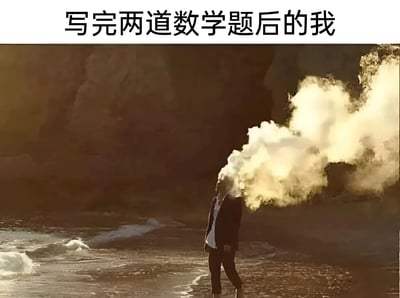 图片上方有文字'写完两道数学题后的我'，下方是一个人站在海滩上，头部有大量浓烟冒出，夸张地表现出做完数学题后的疲惫状态。通过将头部冒烟的视觉效果与做数学题的场景结合，用幽默夸张的方式表达了学习数学带来的精神消耗。