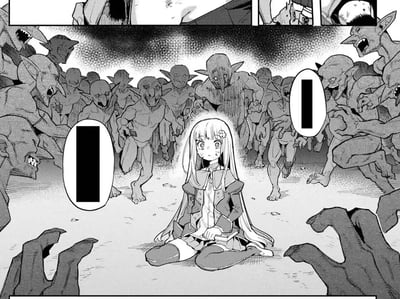 画面中心是一位坐在地面的金发少女，她脸上带有污渍，眼神满是惊恐与无助，被一群面目狰狞、张牙舞爪的哥布林团团围住。哥布林们露出凶狠的神情，正朝着少女逼近，画面左右两侧的感叹号气泡进一步强化了此刻的危机氛围，整体场景压抑，充满了生存危机的紧张感。