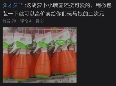 这是一张微博社交媒体截图，内容分为上下两部分：上方是用户@才艹艹 发布的文字动态，称这款外形模仿胡萝卜的小喷壶十分可爱，调侃只需稍作包装，就能以高价卖给《赛马娘》的二次元爱好者；下方是对应的实拍配图，展示了货架上整齐摆放的一批橙色胡萝卜造型喷壶，喷壶瓶身带有模仿胡萝卜纹理的设计，搭配绿色的喷头和底座，整体造型高度还原胡萝卜的外观，正好契合《赛马娘》中角色特别周的标志性胡萝卜元素，以此玩梗调侃利用二次元爱好者的喜好进行商品溢价的现象。