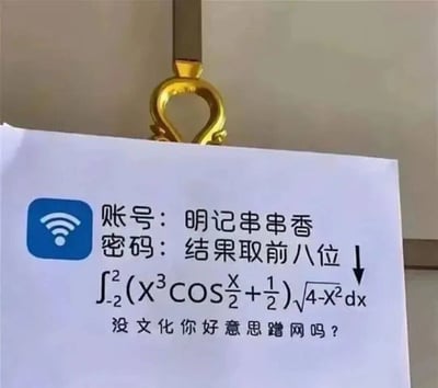 图片中展示了一张用金色挂钩悬挂的白纸，纸上印有蓝色WiFi图标，下方标注“账号：明记串串香”“密码：结果取前八位”，并附带一个复杂的积分公式∫₂⁻₂ (X³COS X/2 + 1/2)√4 - X² dx，底部配有调侃文字“没文化你好意思蹭网吗？”。整体通过将WiFi密码设置为数学积分题结果的前八位，营造出一种幽默调侃的氛围，暗讽想蹭网却不懂数学的人。