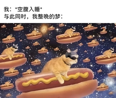 这张梗图幽默地表现了空腹入睡后梦境的荒诞场景。上方文字写着'我：*空腹入睡* 与此同时，我整晚的梦：'，下方画面则是众多法国斗牛犬骑着涂有芥末的热狗在星空宇宙中飞行的超现实场景。通过夸张的对比展现了饥饿时梦境中食物相关内容的强烈程度。
