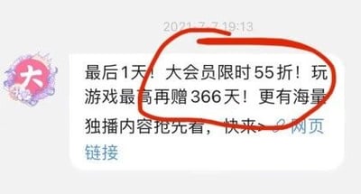 这是一张社交媒体消息的屏幕截图，左上角带有一个粉色的卡通头像，头像内有白色的“大”字。消息的发送时间为2021年7月19日13:13，内容是一则会员促销广告，具体文字为“最后1天！大会员限时55折！玩游戏最高再赠366天！更有海量独播内容抢先看，快来>>网页链接”，其中“大会员限时55折！”这部分文字被红色的圆圈标注出来，以此突出核心的优惠信息，吸引用户关注。