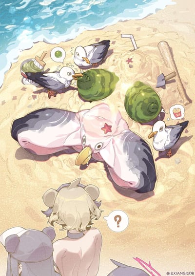 这是一幅充满趣味的海滩主题卡通插画：沙滩上的几只海鸥把绿色的充气西瓜当成了真实食物，一只执着地啄着充气西瓜，满脸疑惑；一只还在惦记着薯条；最搞笑的是一只海鸥把自己塞进了大号充气西瓜游泳圈里，肚子圆滚滚的，看起来像是“吃撑”了。画面下方两个熊耳造型的角色看着海鸥们的迷惑行为，一脸问号，完全摸不着头脑。整个场景充满了滑稽的乌龙感，让人忍俊不禁。