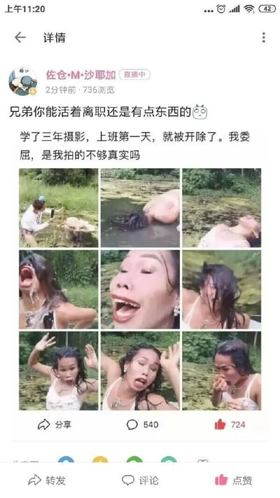 这是一张竖屏格式的社交媒体动态截图，发布者为用户“佐仓·M·沙耶加”，发布时处于直播状态，动态发布2分钟已有736次浏览。动态内容分为文字和九宫格图片两部分：文字部分先是一条调侃评论“兄弟你能活着离职还是有点东西的😎”，接着是发布者以第一人称讲述自己的经历：“学了三年摄影，上班第一天，就被开除了。我委屈，是我拍的不够真实吗”；九宫格图片中，第一张展示了摄影师在户外的泥水边拍摄一名落水的女性，其余八张则是该女性落水后的各种狼狈瞬间：她浑身湿透，头发沾满泥水，脸上露出惊讶、痛苦、大喊、作呕等夸张的狼狈表情，动作包括挣扎、捂嘴咳嗽、双手举起等。动态下方显示有540条评论、724个赞，整体内容是通过夸张的职场经历制造笑点，调侃新人摄影师过于“实诚”，只追求拍摄的“真实”却完全不顾及模特的形象，因此被开除，同时评论也调侃他没有被模特报复，能顺利离职已经很幸运。