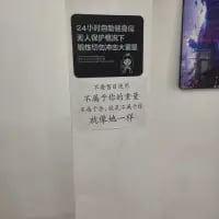 这是一张竖版的原始拍摄图，画面展示了某大厦内白色墙面上张贴的两张黑色底文字告示。上方告示标注了“24小时抑郁咨询 亲人保护热线 请你切勿在本大厦里”，下方告示以劝慰的口吻写道“不属于你的重量 不要下载，就这么工作 就像她一样”，用贴近职场场景的表述，劝导人们放下不属于自身的压力，传递出暖心治愈的氛围。