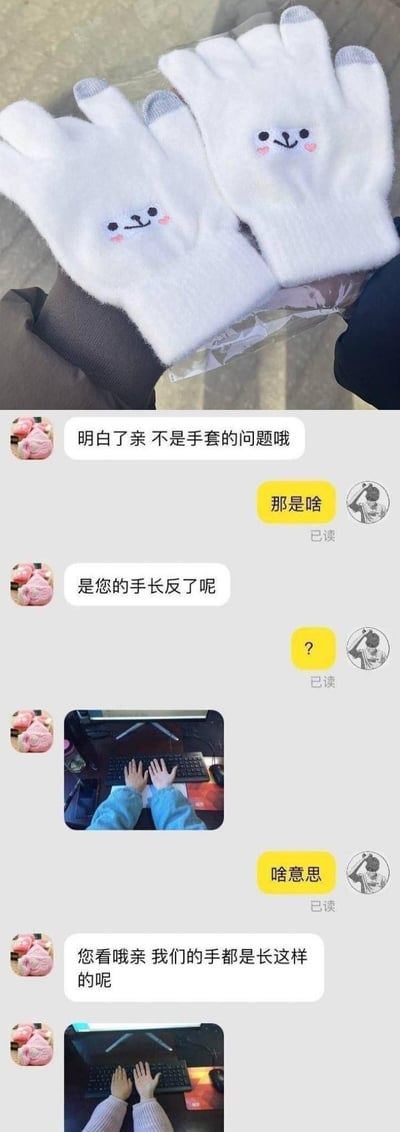 这是一张上下拼接的搞笑梗图：上图展示了用户戴反的白色触屏手套，手套上的小熊图案位置颠倒，看起来像是手套设计失误；下图是用户与电商客服的聊天记录，用户就手套的问题咨询客服，客服调侃回复“不是手套的问题哦，是您的手长反了呢”，还发送了双手正常放在键盘上的图片，调侃用户把手套戴反了，整个对话充满趣味，是网购时的乌龙趣事。