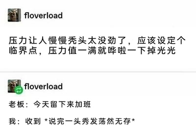 这是由用户floverload发布的两段连贯的趣味内容，第一段内容中用户提出一个新奇的脑洞设定，吐槽现实中压力让人慢慢秃头的过程太过折磨，不如设定一个压力临界点，当压力值达到满额时就瞬间把头发全部掉光；第二段内容承接这个设定，构建了一个极具共鸣的职场场景：老板提出加班要求，“我”回应后头发立刻全部掉光，用这种夸张荒诞的画面感，生动地调侃职场加班带来的巨大压力，精准抒发了打工人面对加班时的无奈与自嘲情绪，通过前后呼应的段子形式，让职场压力的具象化表达充满搞笑效果。