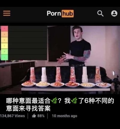 这是一张恶搞性质的P图，模仿成人视频平台Pornhub的视频播放界面制作。画面中一位带有纹身的男性博主正站在桌前，桌上摆放着6份不同的意面和对应的酱料瓶，博主做出讲解的手势，似乎在进行测评。下方的中文文案使用树叶emoji替代“撸”字，玩低俗谐音梗，将正经的美食测评和成人平台的低俗暗示结合，营造出荒诞搞笑的反差感。界面还标注了视频数据：134,867次观看、88%的点赞率、发布于10个月前，进一步模仿真实视频平台的呈现形式。