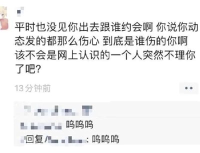 一张社交媒体聊天记录截图，上方用户发送消息质疑对方“平时不外出约会却动态总发得很伤心”，并猜测“是不是网上认识的人突然不理你了”。下方用户以“呜呜呜”回复，直观展现出伤心的情绪状态。