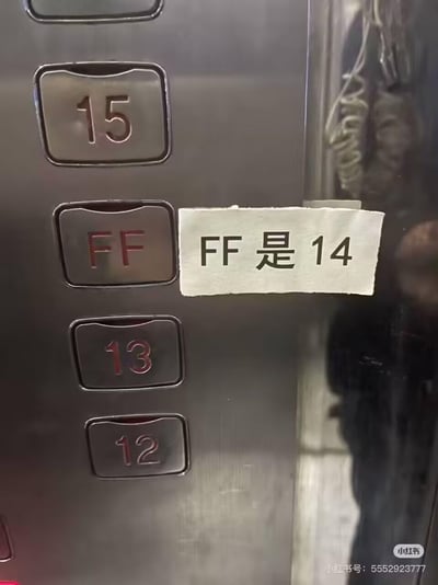 这是一张电梯楼层按钮面板的实拍图，面板上的楼层按钮从上到下依次为15、FF、13、12，在FF按钮的右侧贴了一张手写的白色纸条，上面标注着“FF是14”。这是因为部分建筑存在数字避讳的情况，会用FF来代替14楼的标识，避免直接出现14这个数字，同时又通过手写纸条来提示乘客这个按钮对应的实际楼层，方便乘客辨认。