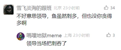 这是一张社交媒体评论区的横版截图，包含两条网友评论。第一条评论由用户“雪飞炎海的跟班”发布，以“鱼虽然刺多，但也没你贪得多”的比喻，辛辣地讽刺职场中领导贪得无厌的行为；第二条评论是用户“嗎嘍地獄meme”的回复，以“领导当场把刺吞了”的调侃，接梗强化了讽刺效果，用幽默搞笑的方式表达了对职场不良现象的吐槽，内容充满趣味性和讽刺性。