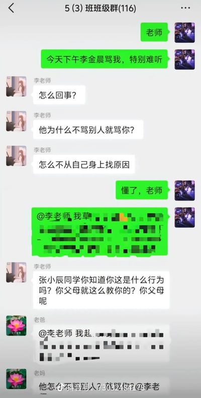 这是一段5(3)班班级群的聊天记录截图，学生张小辰向李老师反映同学李金晨骂自己，李老师却用“他为什么不骂别人就骂你？怎么不从自己身上找原因”的强盗逻辑指责张小辰，张小辰被激怒后在群里辱骂老师，李老师随即指责张小辰并质问其父母，之后张小辰的爸妈也加入群里，用和老师一模一样的反问句式怼老师，形成了极具讽刺感的场面。
讽刺点在于：老师不分青红皂白指责受害者的强盗逻辑，被学生家长原样奉还，场面既搞笑又解气，精准吐槽了这类蛮不讲理的行为。