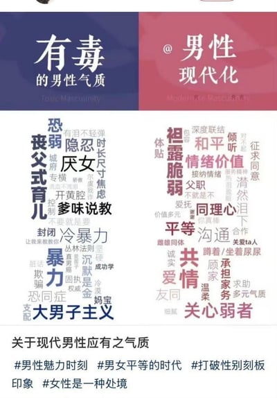 这张图采用左右分栏的文字云形式，直观对比了「有毒的男性气质」与「男性现代化」两种截然不同的男性气质表现。左侧以深色文字罗列了大男子主义、暴力、冷暴力、爹味说教、厌女、开黄腔等一系列负面、刻板的传统男性特质，揭示了这类气质带来的封闭、控制、伤害性的影响；右侧以暖色调文字呈现了共情、关心弱者、平等沟通、承担家务、情绪价值、多元气质等现代化的积极男性特质，倡导打破性别刻板印象，接纳多元的男性气质。底部附带的话题标签进一步点明了图的核心主张：追求男女平等，打破传统性别框架的束缚。