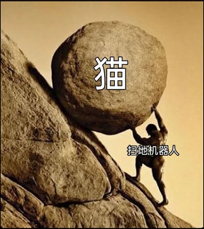 这是一张改编自希腊神话西西弗斯推巨石的网络梗图，画面中原本的西西弗斯被标注为“扫地机器人”，他奋力托举的巨石被标注为“猫”。用西西弗斯永无止境重复推石的徒劳场景，生动调侃了养猫家庭中扫地机器人的日常困境：猫会不断掉毛、弄乱环境，导致扫地机器人永远在循环清洁，陷入看似徒劳的重复劳作，精准戳中养猫人士的生活痛点，充满趣味与共鸣。