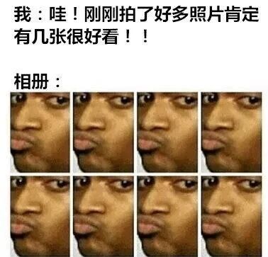 图片上方是文字“我：哇！刚刚拍了好多照片肯定有几张很好看！！”，表达了拍照后对好看照片的期待；下方“相册：”标题下是九宫格排列的8张相同的面部特写照片（眼睛和嘴巴部分），人物表情略显困惑。通过文字与图片的对比，幽默地展现了期待中“有好看照片”与现实中“照片都差不多/不好看”的反差，引发共鸣。