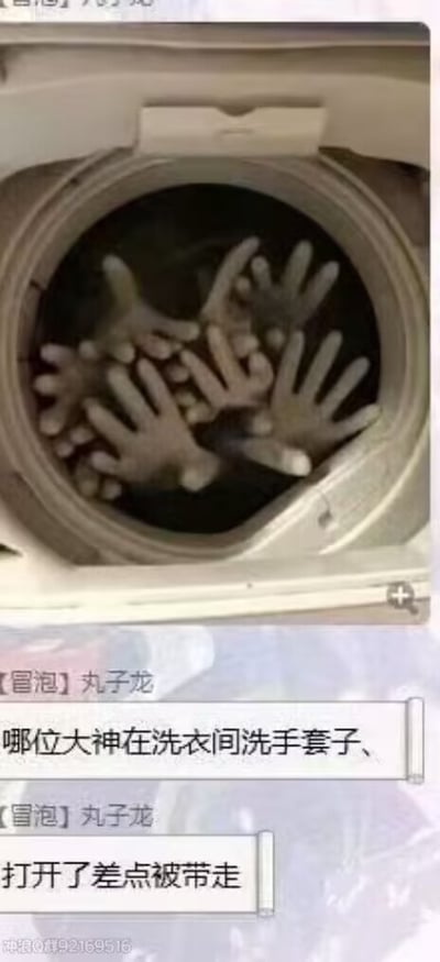 这张图分为上下两部分，上半部分是打开舱门的滚筒洗衣机实拍图，洗衣机滚筒内部光线昏暗，摆放了多只散开的浅色手套，外形酷似很多只人手从滚筒里伸出来，视觉效果极具冲击力；下半部分是社交群聊的聊天记录截图，用户“丸子龙”接连发送两条消息，吐槽有人在公用洗衣间洗了大量手套，自己打开洗衣机舱门的时候被眼前的景象吓到，差点以为出现灵异事件。
