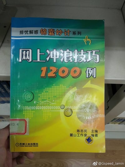 图片中展示了一本由机械工业出版社出版的《网上冲浪技巧1200例》书籍，属于“排忧解惑 锦囊妙计系列”。封面以绿色到黄色的渐变为主色调，上方有“排忧解惑 锦囊妙计系列”字样，中央醒目地印着书名“网上冲浪技巧”和橙色的“1200例”数字。封面还包含@符号、二进制代码串“0101010101010101@0101010101010101”以及由点阵组成的世界地图图案，整体设计带有早期互联网时代的风格。书籍被一只手握着，背景似乎是书架。