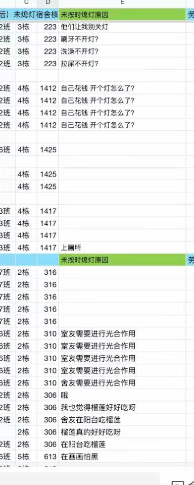 这是一张Excel表格的截图，表格汇总了不同班级、楼栋、宿舍号的未熄灯或未按时熄灯的奇葩理由，包括“他们让我别关灯”“自己花钱开个灯怎么了？”“室友需要进行光合作用”“在阳台吃榴莲”等无厘头内容，充满了幽默感，调侃了校园宿舍查寝时的有趣状况。
