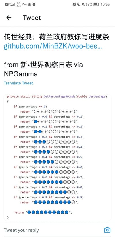 这是一张竖版的X（原推特）平台推文截图，顶部为手机状态栏，推文配文称展示的代码是荷兰政府的进度条实现代码，被调侃为“传世经典”，还附带了对应的github仓库链接，标注内容来源为新·世界观察日志 via NPGamma。推文下方的C#代码逻辑极其直白，通过连续多段if条件判断百分比所处区间，返回对应数量的实心蓝色圆点搭配空心圆点组成的10个圆点进度条，没有使用循环或更简洁的算法，写法简单粗暴，在程序员群体中引发讨论成为趣味梗图。