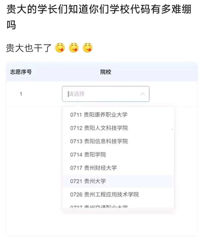 这是一张结合吐槽文字与志愿填报系统界面的图文内容，上方配文“贵大的学长们知道你们学校代码有多难绷吗 贵大也干了”并附上三个流口水的搞怪表情包，下方是志愿填报的院校选择下拉界面，其中作为贵州重点高校的贵州大学（代码0721），排在了贵阳康养职业大学、贵阳人文科技学院等院校之后。这种排序引发学生调侃，觉得作为本地顶尖院校，代码排序过于靠后，十分离谱，整体充满戏谑吐槽的氛围。