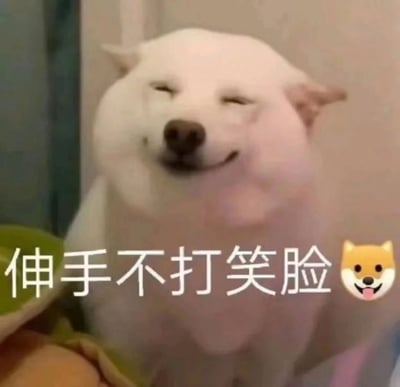 图片中是一只白色狗狗的特写，脸部被轻微挤压，双眼眯起，嘴角上扬，呈现出一副开心的笑脸表情。图片底部配有文字“伸手不打笑脸”及一个黄色柴犬吐舌表情符号，整体营造出轻松幽默的氛围。狗狗的表情自然可爱，与文字内容“即使对方伸出手，也不会打笑脸相迎的人”的寓意相呼应，常用于表达以善意化解矛盾或幽默地展现友好态度。