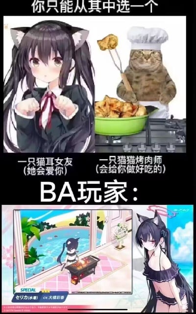 这是一张针对《蔚蓝档案》（简称BA）玩家制作的玩梗图，上方设置了两个极具吸引力的选项：左侧是会全身心爱你的猫耳二次元女友，右侧是能制作美味烤肉的猫猫厨师，让观看者二选一。而下方则给出BA玩家的答案——《蔚蓝档案》中的水着芹香，她兼具猫耳属性和烤肉相关的游戏内容，完美融合了两个选项的优势，精准戳中BA玩家的喜好，用调侃的方式展现玩家对游戏角色的偏爱。
