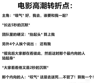 这是一张白底黑字的纯文字梗图，内容调侃了冒险类影视中十分常见的高潮转折桥段套路：主角计划执行危险任务时，吸气询问谁愿意和自己一同前往，现场先出现长达5秒的沉默，随后团队里的硬汉率先抬头表态要加入，另外4名成员也挨个表示愿意同行，所有人报完名互相观望时，团队里性格最内向的人站起身，众人又沉默了2秒，最后内向的人叹着气表示明知道此行是送死，也愿意加入队伍。