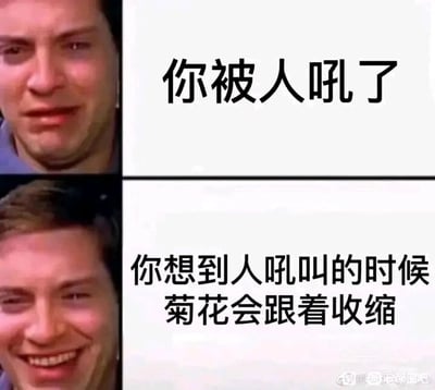这是一张采用上下拼接形式的对比式搞笑表情包，整体为图文混排的文字加注图。上半部分展示了演员托比·马奎尔露出委屈、憋屈的面部表情，搭配文字“你被人吼了”，模拟出人们在被他人吼叫、指责后低落、委屈的情绪状态；下半部分则是托比·马奎尔露出猥琐、玩味的笑容，配文“你想到人吼叫的时候菊花会跟着收缩”，通过一个无厘头的生理反应脑洞，制造出强烈的情绪反差，将原本负面的情绪转化为荒诞的笑点，用接地气的奇怪联想来调侃生活中类似的经历，风格幽默搞怪。