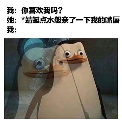 图片上方为三行对话文字：“我: 你喜欢我吗? 她: *蜻蜓点水般亲了一下我的嘴唇 我:”，下方是《马达加斯加》中的企鹅角色截图，企鹅双眼圆睁、嘴巴微张，呈现出明显的震惊表情，整体通过文字与卡通形象结合，幽默展现“被亲吻后震惊反应”的场景。