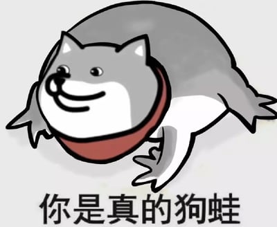 这是一张经典的表情包图片，把著名的“Doge”狗头与青蛙的身体合成在一起，形象搞怪有趣。下方配有“你是真的狗蛙”字样，用来调侃、评价某人行为奇葩或者有点离谱，结合了“狗”与“蛙”的双关，带有轻松幽默的语气。