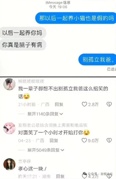 这张梗图是多段聊天和社交媒体评论的拼贴，主要展现了不走寻常路的恋爱对话与网友评论互动。聊天中一方提出“养小猫”，结果对方突然歪楼回应“养你妈”，并指责对方有病，而另一方则巧妙自嘲“别孤立我爸”，利用“孤立”和“姑立”的谐音梗制造笑点。评论区网友继续玩梗，用“孝心一块”等表达继续扩展幽默。整图展现现代青年聊天与网友玩梗的机智幽默。特别提示：“别孤立我爸”含有谐音梗（“孤立/姑立”），以及恋爱和孝顺话题的玩笑碰撞。