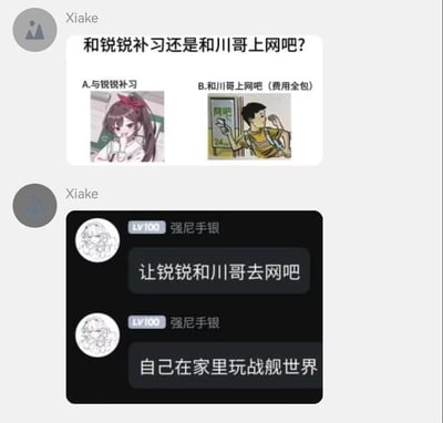 这是一组聊天记录形式的趣味梗图，首先抛出一个两难选择题：A选项是和锐锐一起补习，B选项是和川哥去费用全包的网吧。随后的回复跳出了常规选项的框架，给出「让锐锐和川哥去网吧，自己在家里玩战舰世界」的神级答案，完美避开了两难选择，用反差感制造出搞笑效果，展现了网友的整活智慧。