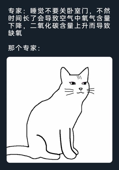 这是一张图文混排的网络梗图，上方文字呈现了某专家发表的脱离生活常识的言论：称人们睡觉时关闭卧室门，时间久了会造成室内氧气含量下降、二氧化碳含量上升，最终导致缺氧。下方配了一只表情鄙夷、神态欠揍的卡通猫，将这只猫指代发表该言论的专家，用猫的不屑神态，生动传递出网友对这类毫无科学依据的伪专家言论的无语与嘲讽情绪。