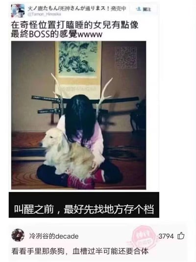 图片分三部分：
1. 顶部是某社交平台用户发文，称“在奇怪位置打瞌睡的女儿有点像最终BOSS的感觉wwww”，配图为一个黑发女孩盘腿坐着，头低垂，背后插着两把武士刀和两只仿佛鹿角的装饰，身前抱着一条狗。这种搭配神似游戏或动漫中最终BOSS初登场时的场景。
2. 图片下方加了一句搞笑的对白：“叫醒之前，最好先找地方存个档”，暗示她一旦醒来可能很危险。
3. 底部是一则评论：“看看手里那条狗，血槽过半可能还要合体”，进一步玩梗，把狗也设想为战斗要素。
整体风格幽默带梗，模仿RPG或电子游戏最终关大BOSS的造型与对话。

存在恶搞与二次元梗，没有明显的谐音或黄色暗示，属于日常生活场景玩梗。