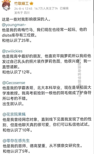社交媒体用户"竹取細工"发布的帖子截图，标题为"这是一些对我影响很深的人"。内容包含对多位@提及用户的个人回忆和描述，涉及青梅竹马、高中朋友、学霸表哥、网恋对象和恩师等不同关系的人，每个人物描述都包含一段个人经历和相识时长。