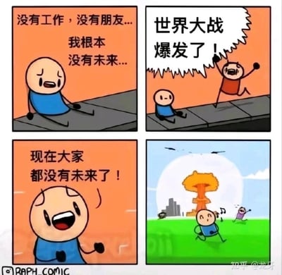 这是一幅四格连环卡通漫画，以黑色幽默的方式展现了一个失意者扭曲的心态：第一格中，蓝衣卡通人物瘫坐在路边，满脸沮丧，配文显示他因为没有工作、没有朋友而陷入“没有未来”的绝望情绪；第二格中，一个红衣卡通人兴奋地奔跑过来，大喊“世界大战爆发了！”，蓝衣人依旧呆坐原地；第三格中，蓝衣人突然转悲为喜，双手握拳、开怀大笑，说出“现在大家都没有未来了！”的扭曲安慰话语；第四格中，背景里城市上空升起核弹爆炸的蘑菇云，城市建筑损毁，而蓝衣人却开心地哼着歌跑步，还有其他人物也在欢快跑动，呈现出在共同毁灭的极端场景下，失意者因不再是唯一的不幸者而获得解脱的荒诞画面。