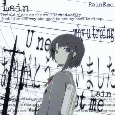 这是一张以实验性动画《Serial Experiments Lain》主角岩仓玲音为主体的二次创作图，画面中玲音穿着校服回头看向镜头，表情疏离冷漠，背景是交错的电线杆与电线。图中叠加了多组英文与日文文字，包括「Lain」「RainEmo」「The old clock on the wall ticked softly just like the way she used to pat my back to sleep.」以及日文「のりがとう ございました」（应为「ありがとうございました」的变形）等，整体风格充满emo、孤独、疏离的氛围，通过文字强化了原作中主角的孤独感与怀旧情绪。