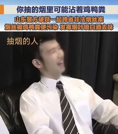 这是一张图文结合的网络梗图，顶部先以醒目文字说明社会新闻内容：山东警方破获了一起跨省非法烟丝案件，涉案的烟丝存在被鸡鸭粪便污染的情况，发霉的烟叶还会被喷洒白酒掩盖异味，提示吸烟者所抽的烟有可能沾有鸡鸭粪；下方搭配了一名穿着白衬衫打领带的男子仰头尬笑的表情包，旁侧标注“抽烟的人：”，以夸张的反差感调侃抽烟人群得知该消息后哭笑不得的尴尬反应。