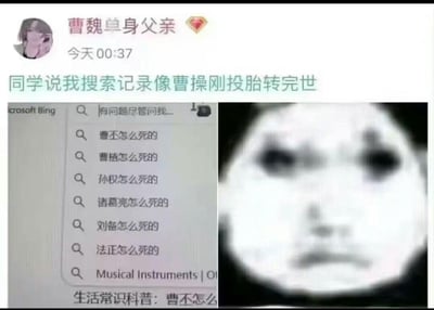 这是一张社交媒体截图，展示了用户“曹魏单身父亲”在凌晨00:37发布的内容。用户配文“同学说我搜索记录像曹操刚投胎转完世”，下方拼接了两张图片：左侧是Bing搜索界面的截图，显示搜索历史包含“曹丕怎么死的”“曹植怎么死的”“孙权怎么死的”“诸葛亮怎么死的”“刘备怎么死的”“法正怎么死的”等关于三国人物死因的查询；右侧是一张经典熊猫头表情包，表情呆滞中带着一丝迷茫，与搜索记录形成幽默呼应。整体通过将现代搜索行为与三国历史人物联系，制造出“曹操转世后关心旧部死因”的搞笑效果。