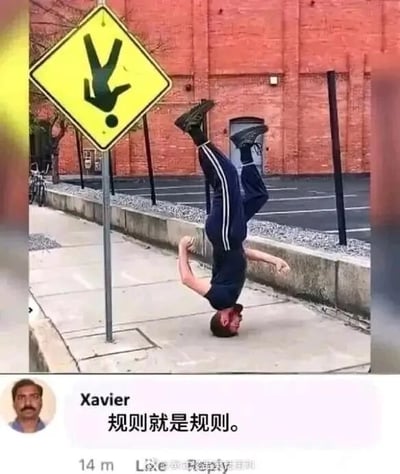 这是一张社交媒体截图，画面上半部分是户外场景：一个黄色菱形的行人警示路标，路标上的行人图案是倒立的形态；在路标旁的人行道上，一名穿着深色短袖、深色带白条纹运动裤的男子，正用头倒立在地面，姿势和路标上的图案完全重合，完美模仿了路标内容。画面下半部分是社交媒体的评论区域，用户Xavier留下评论“规则就是规则”，用一本正经的语气调侃男子严格“遵守”了这个特殊路标指示，制造出荒诞又搞笑的反差效果，属于典型的网络趣味梗图。