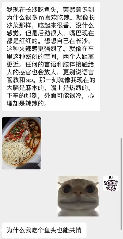 一张社交媒体截图，上方是一段关于在长沙吃辣鱼头的感悟文字，描述了长沙菜的香辣后劲与密闭空间中感官放大的类比。中间是一张红油鲜亮的鱼头菜肴照片，铺满辣椒和葱花，下面配有一碗面条。底部是一张表情夸张的猫咪图片，瞪着大眼睛，旁边配文'为什么我吃个鱼头也能共情'，形成幽默的情感共鸣效果。