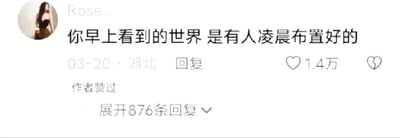 这是一张社交媒体的评论区截图，左上角是用户“Rose、”的头像，头像呈现一位女性的形象。评论核心内容为“你早上看到的世界 是有人凌晨布置好的”，这条评论发布日期标注为03-20，地点显示为湖北，获得了1.4万次点赞，并且得到了原内容作者的点赞认可，下方还有“展开876条回复”的选项。这条评论传递出对凌晨就开始工作的劳动者的认可与感慨，比如环卫工人、早餐从业者、城市运维人员等，他们在大众熟睡的凌晨时段就开始忙碌，为清晨的人们营造出整洁、有序、便利的生活环境，戳中了大众对这类默默奉献群体的共情点。