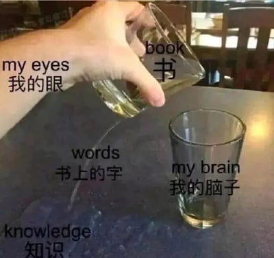 图片中一只手正拿着标有“book 书”的玻璃杯（旁边配有文字“my eyes 我的眼”），将杯中的液体（代表“words 书上的字”）往另一只标有“my brain 我的脑子”的玻璃杯中倒，但液体大部分都洒在了桌面上，未能进入“脑子”杯。下方还有“knowledge 知识”的文字标注。整个画面通过比喻手法，幽默地表现了“眼睛看到了知识，但脑子没记住”的学习困境，生动诠释了学习时知识难以“进脑”的无奈场景。